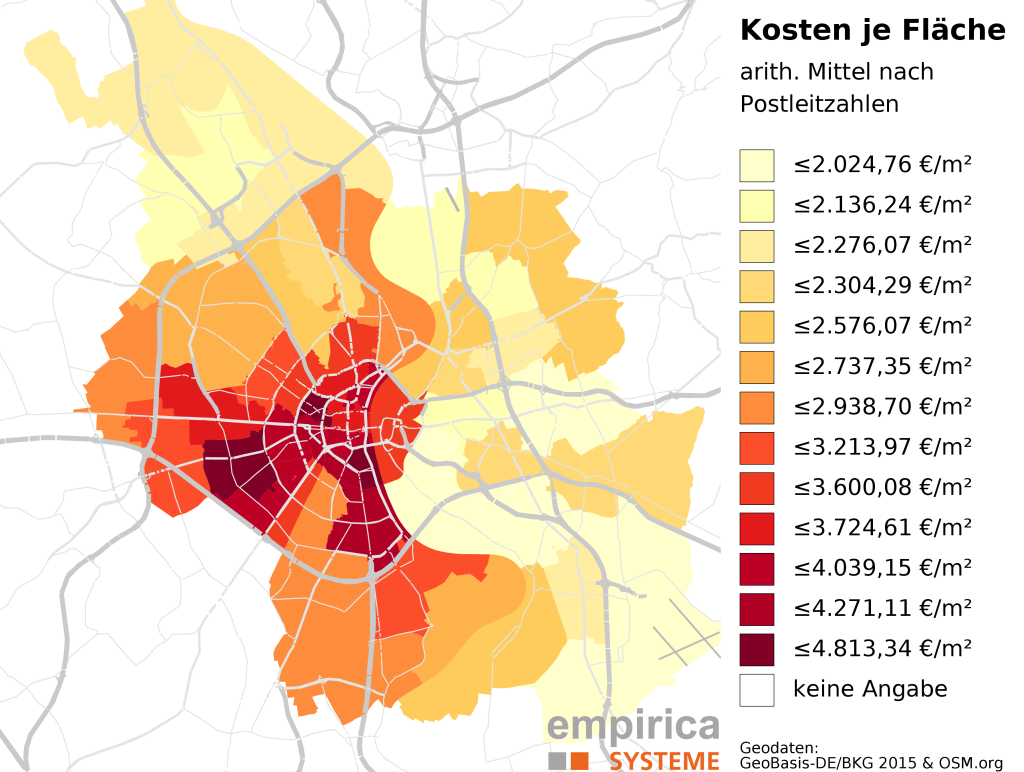 Average prices on postcode-level for Cologne (2015-08 to 2016-02). Foreclosure sales excluded.