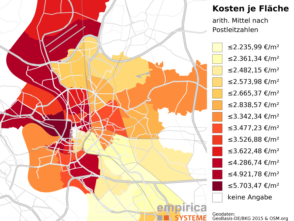 Average prices on postcode-level for Dusseldorf (2015-08 to 2016-02). Foreclosure sales excluded.