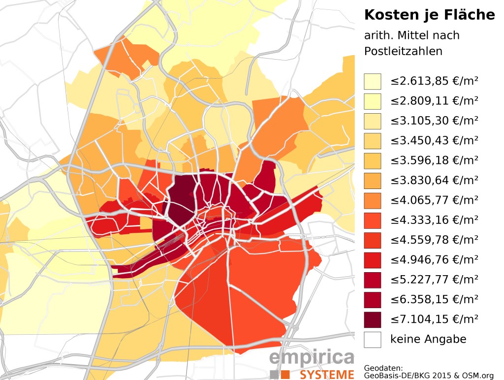 Average prices on postcode-level for Frankfurt (2015-08 to 2016-02). Foreclosure sales excluded.