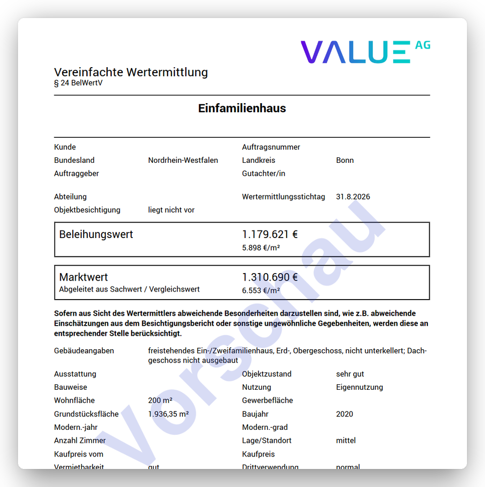 Bewertungsbericht aus REVA: Vereinfachte Wertermittlung nach § 24 BelWertV mit Beleihungswert und Marktwert