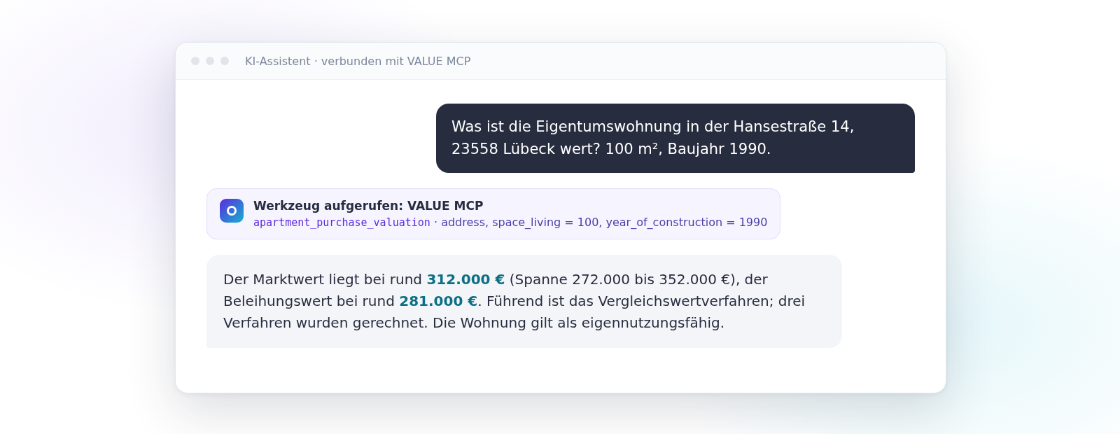 Symbolbild: Ein KI-Assistent ruft über den VALUE MCP-Server eine Wohnungsbewertung ab und antwortet mit Markt- und Beleihungswert samt Spanne