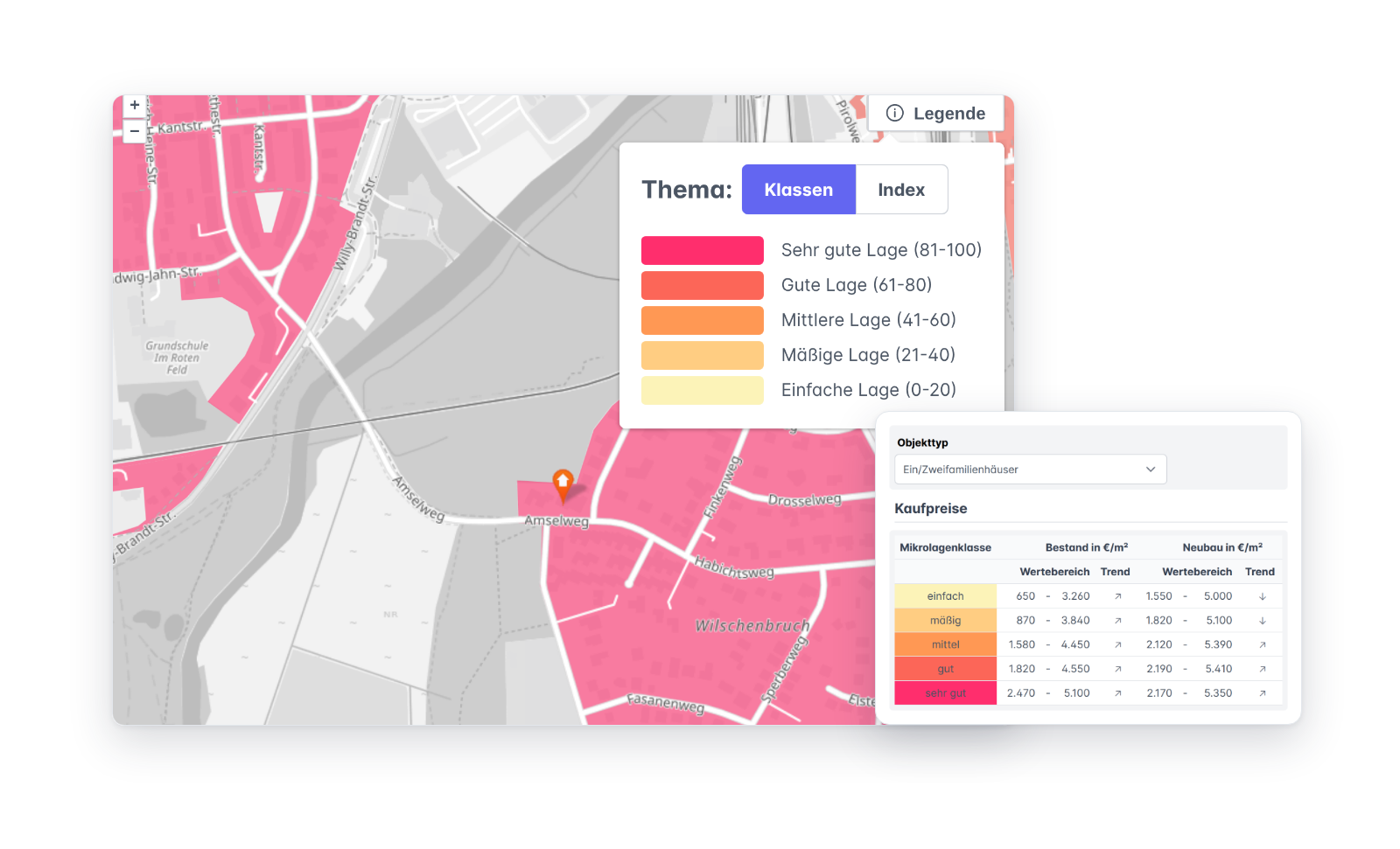 Residential location map with micro-location classes and price overview by micro-location class