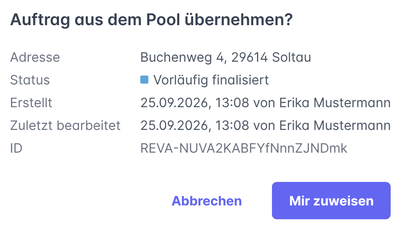 Dialog Auftrag aus dem Pool übernehmen